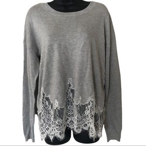 Francesca’s Alya gray long sleeve sweater white see thru lace bottom medium